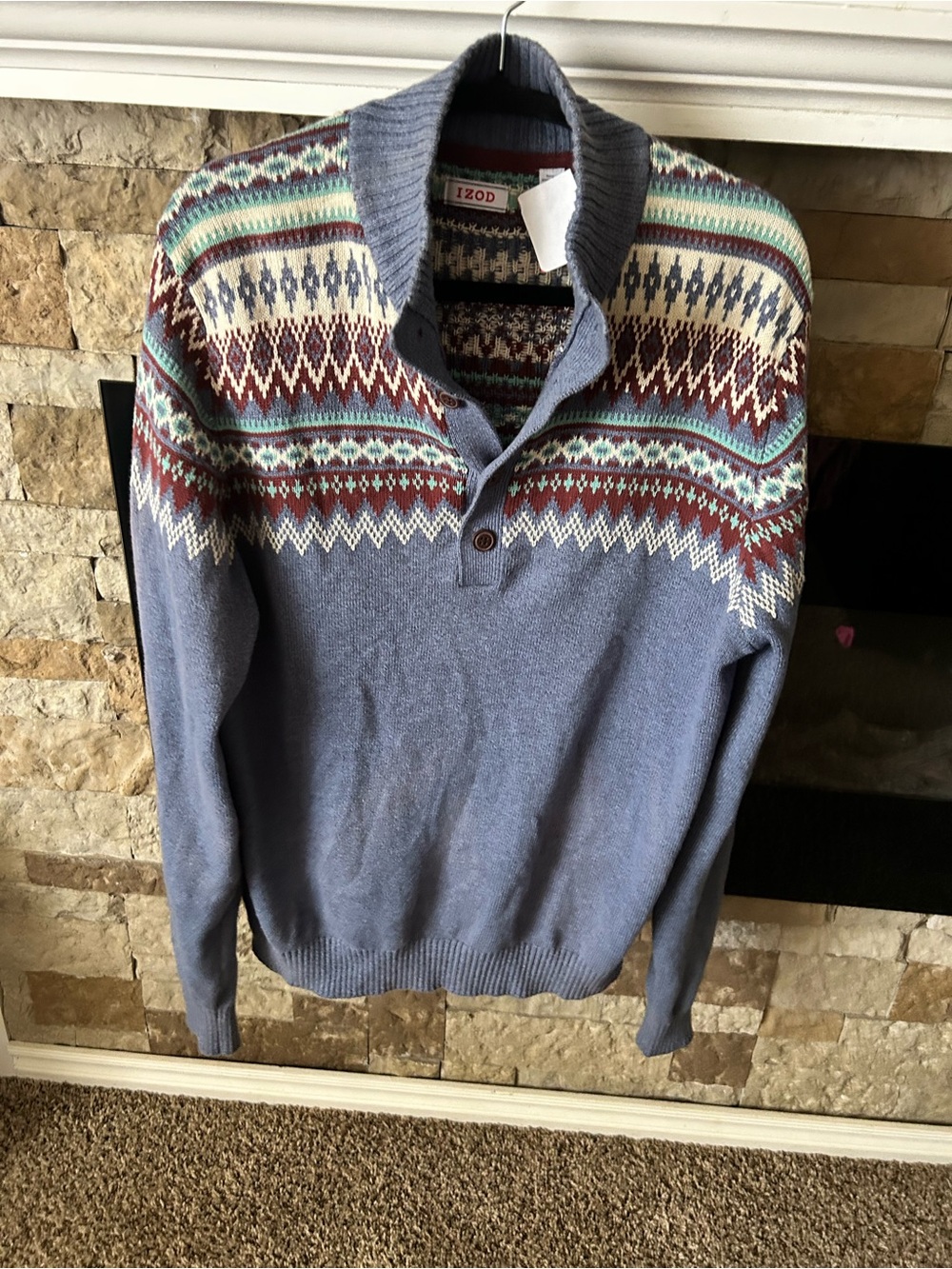 Vintage 90s IZOD Men's Blue Fair Isle Knit Pullover Quarter Button Sweater